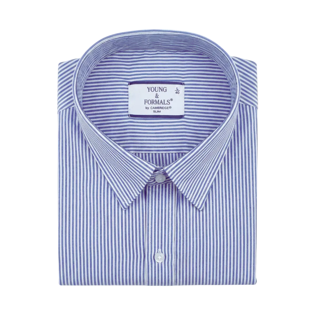 YOUNG & FORMALS by CAMBRIDGE Men's Slim Fit Striped Formal Shirt | Full Sleeves | Spread Collar with Hanging Twin Tape | Premium Office & Business Wear (YF00014SF)