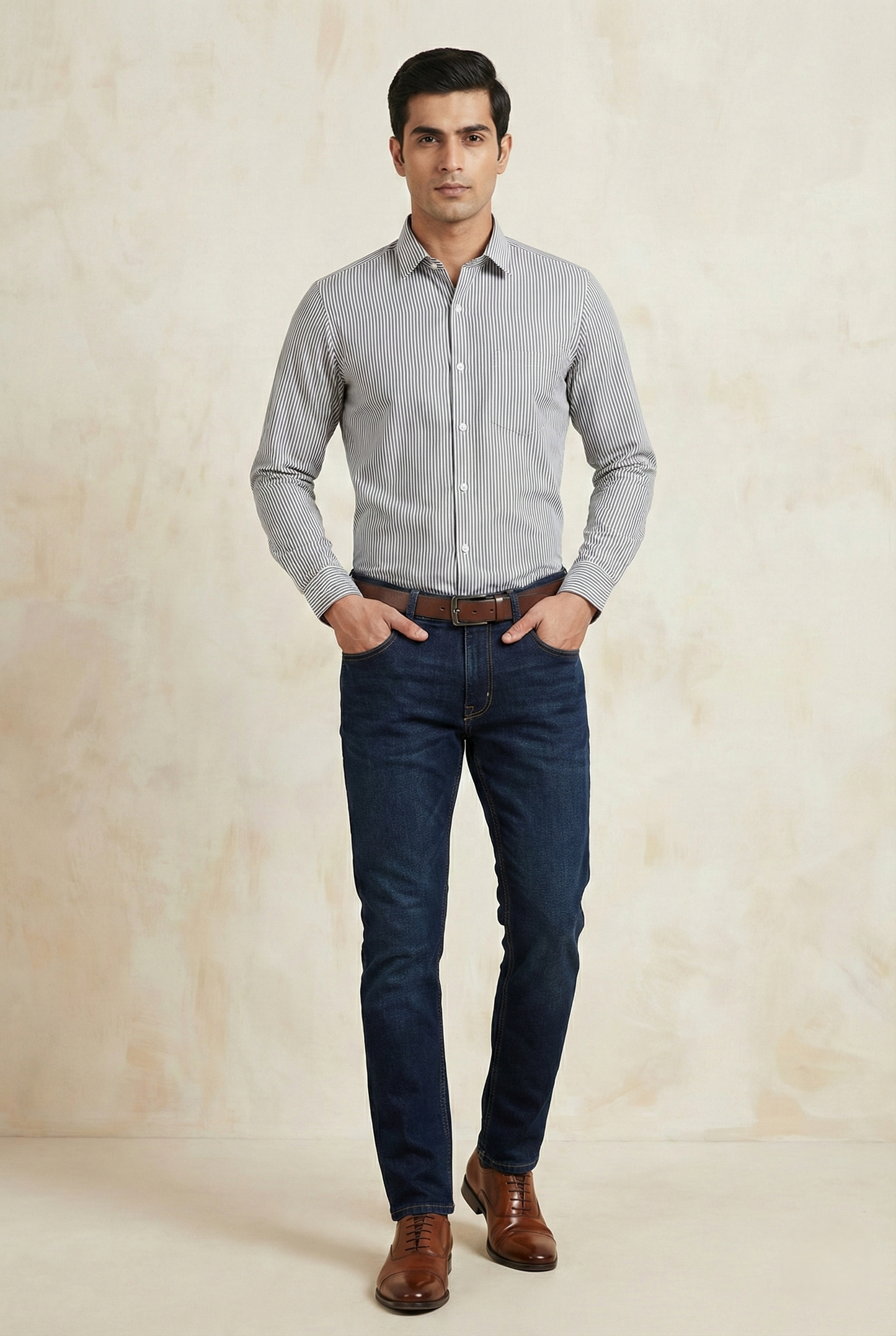 YOUNG & FORMALS by CAMBRIDGE Men's Slim Fit Striped Formal Shirt | Full Sleeves | Spread Collar with Hanging Twin Tape | Premium Office & Business Wear | Blue | 36