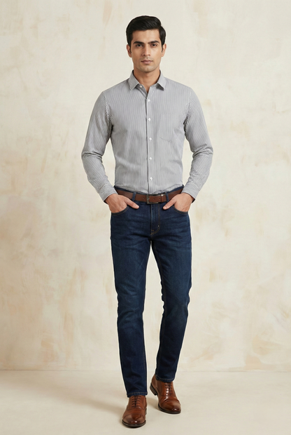 YOUNG & FORMALS by CAMBRIDGE Men's Slim Fit Striped Formal Shirt | Full Sleeves | Spread Collar with Hanging Twin Tape | Premium Office & Business Wear | Blue | 36