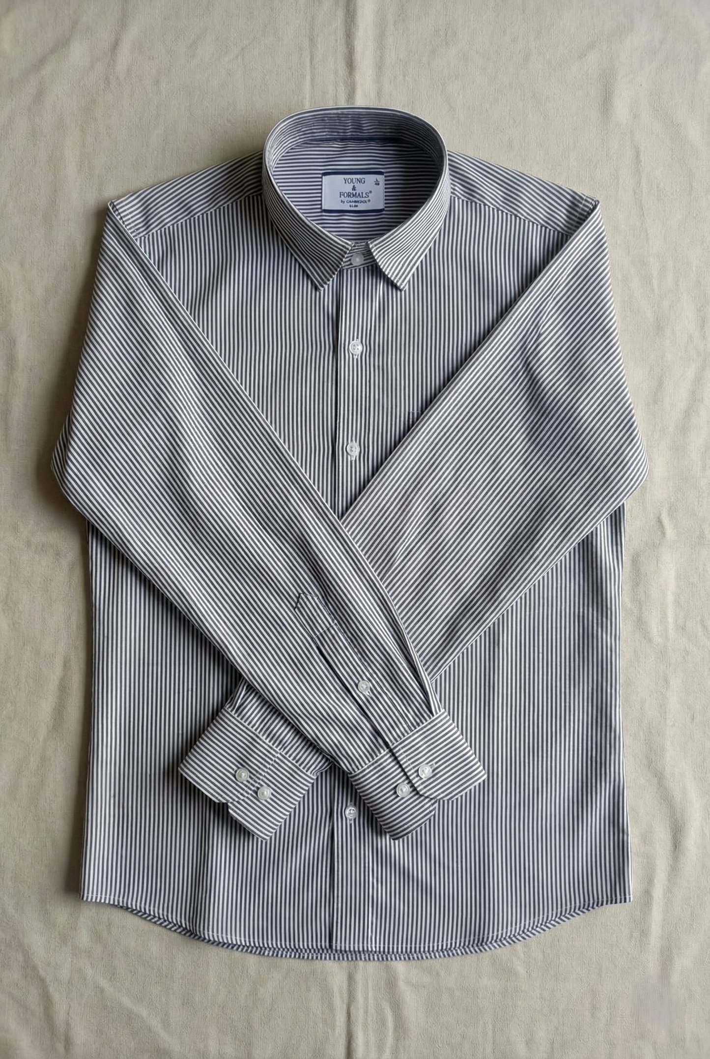 YOUNG & FORMALS by CAMBRIDGE Men's Slim Fit Striped Formal Shirt | Full Sleeves | Spread Collar with Hanging Twin Tape | Premium Office & Business Wear | Blue | 36