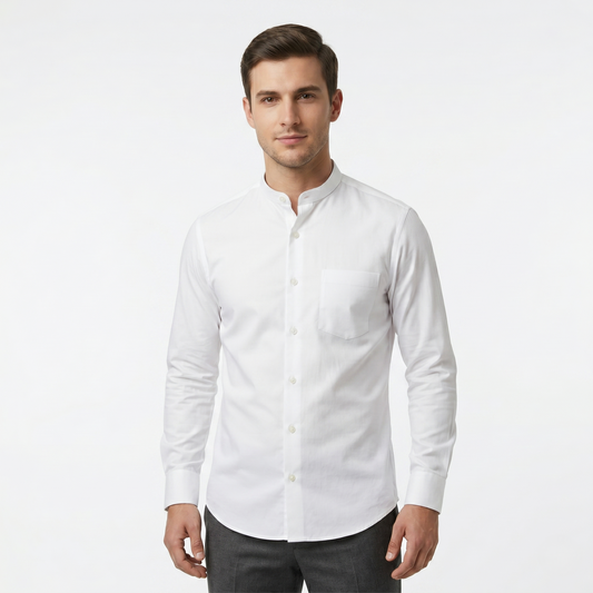 Men's Premium Cotton White Chinese Collar Full Sleeves Slim Fit Shirt (2X2 CHNSF)