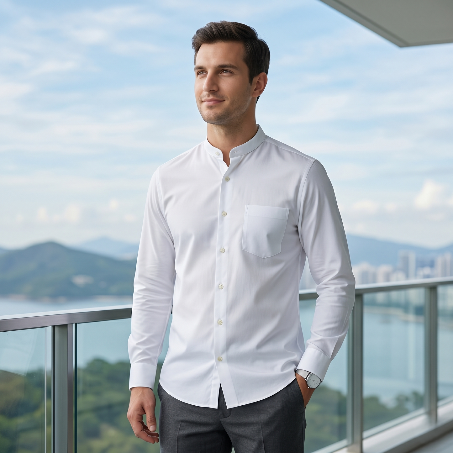 Men's Premium Cotton White Chinese Collar Full Sleeves Slim Fit Shirt (2X2 CHNSF)