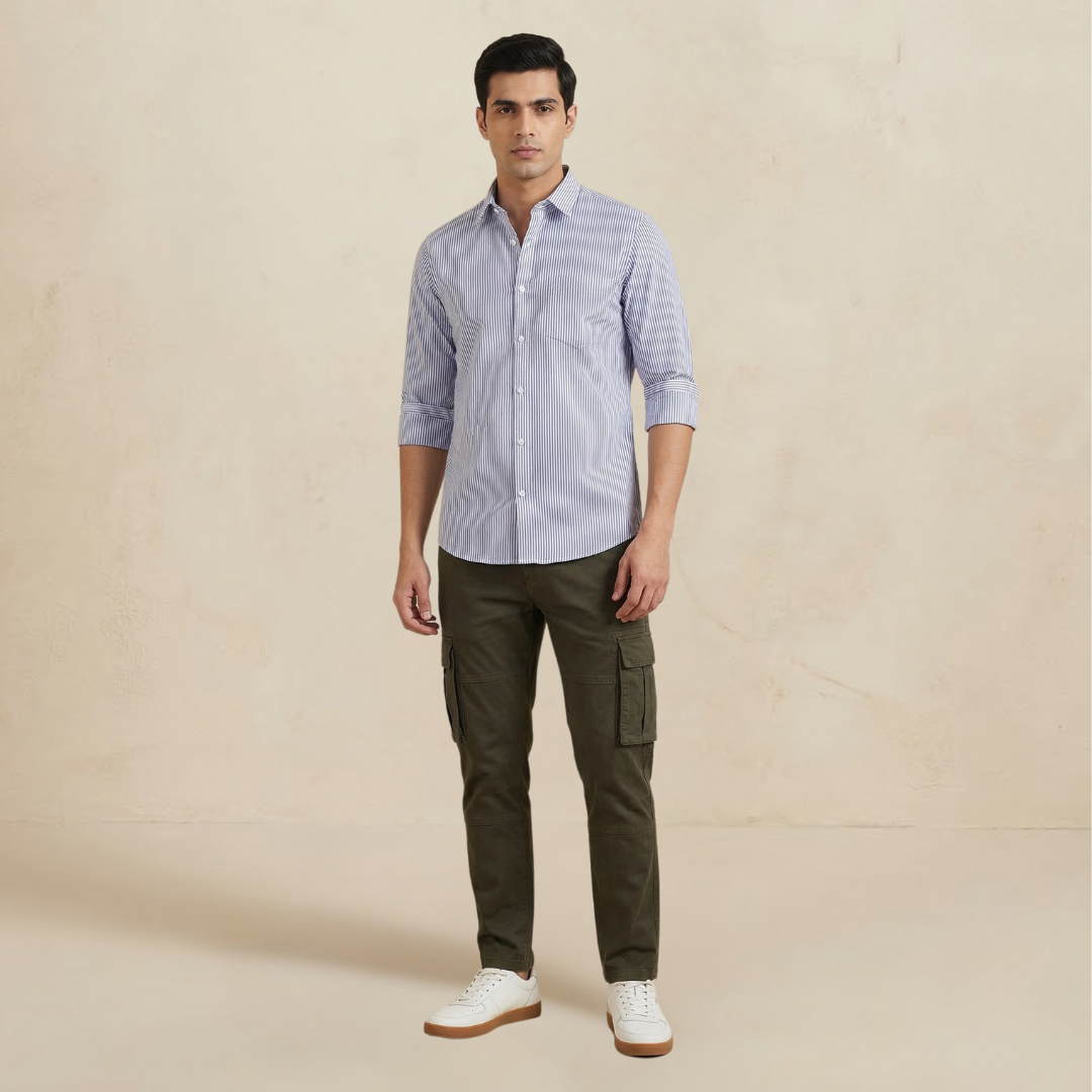 YOUNG & FORMALS by CAMBRIDGE Men's Slim Fit Striped Formal Shirt | Full Sleeves | Spread Collar with Hanging Twin Tape | Premium Office & Business Wear (YF00014SF)