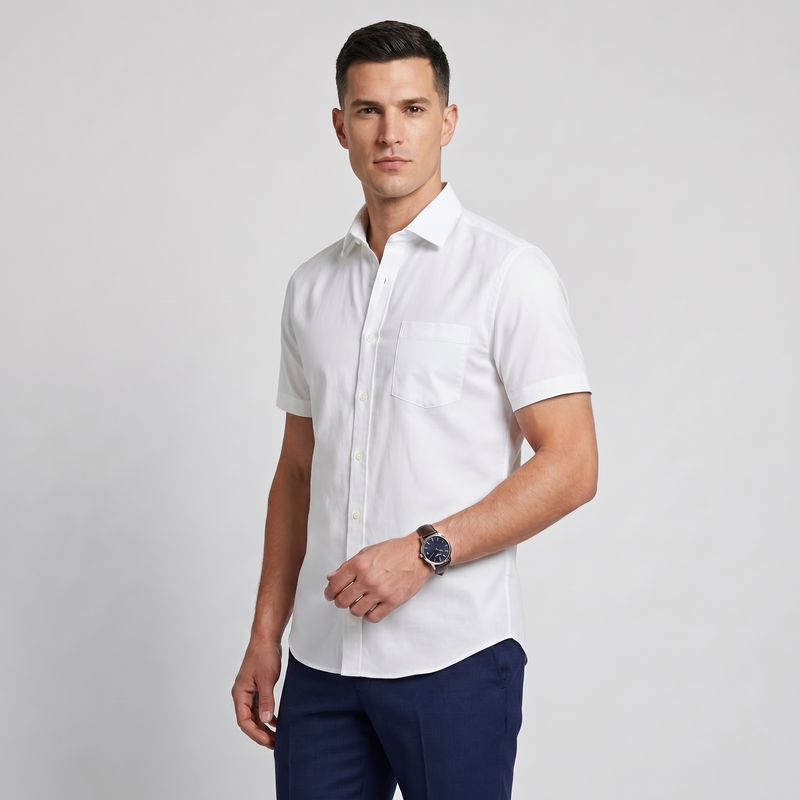 Men's Premium White Cotton-Rich Half Sleeves Formal Shirt (2X1H)