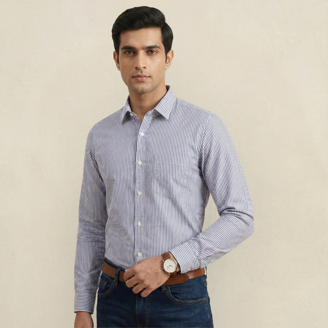 YOUNG & FORMALS by CAMBRIDGE Men's Slim Fit Striped Formal Shirt | Full Sleeves | Spread Collar with Hanging Twin Tape | Premium Office & Business Wear (YF00014SF)