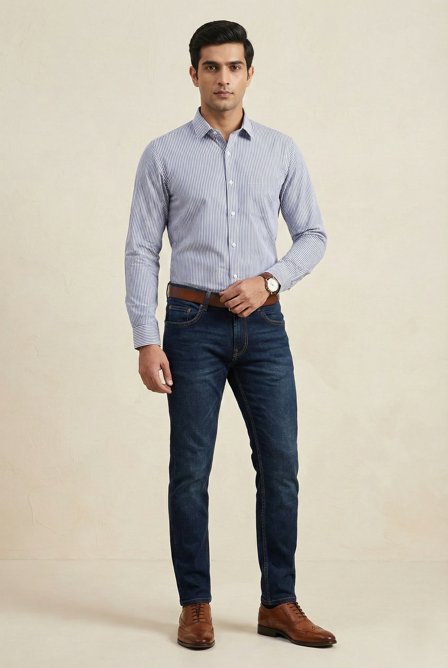 YOUNG & FORMALS by CAMBRIDGE Men's Slim Fit Striped Formal Shirt | Full Sleeves | Spread Collar with Hanging Twin Tape | Premium Office & Business Wear | Blue | 36