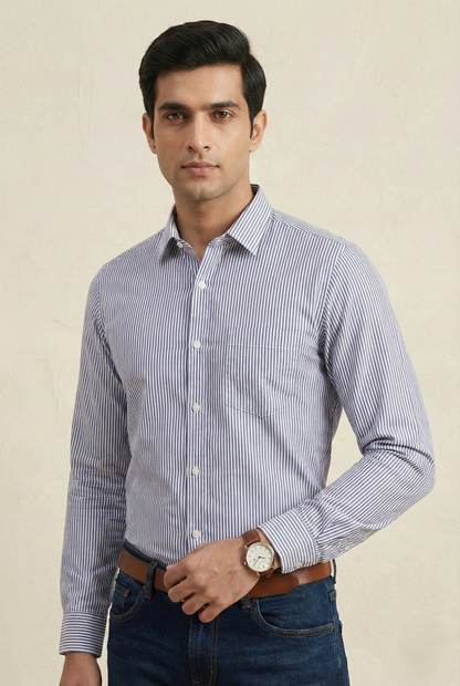 YOUNG & FORMALS by CAMBRIDGE Men's Slim Fit Striped Formal Shirt | Full Sleeves | Spread Collar with Hanging Twin Tape | Premium Office & Business Wear | Blue | 36