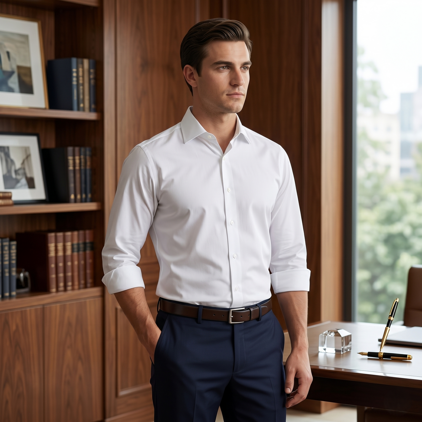 Men's Classic White Cotton-Blend Full Sleeves Shirt (ESSEN21)