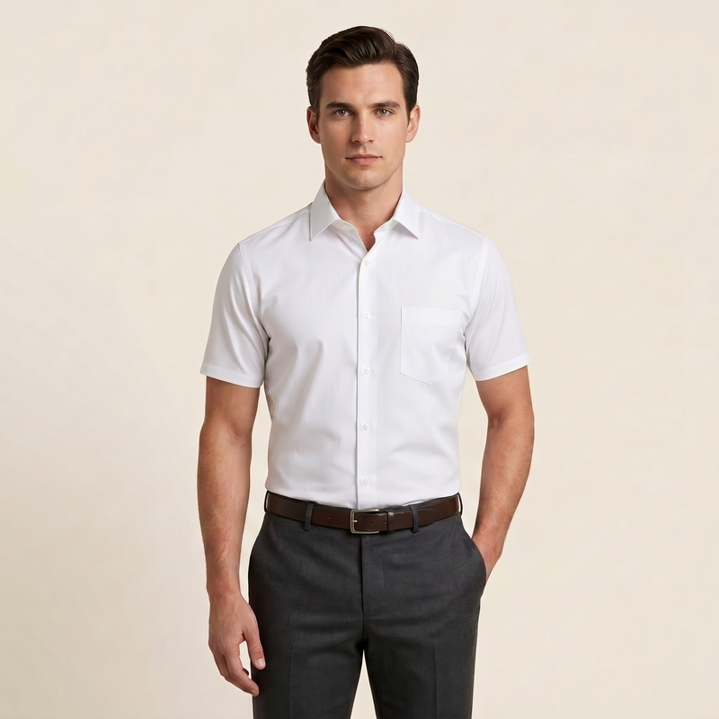 Men's Classic White Cotton-Blend Half Sleeves Shirt (ESSEN21H)