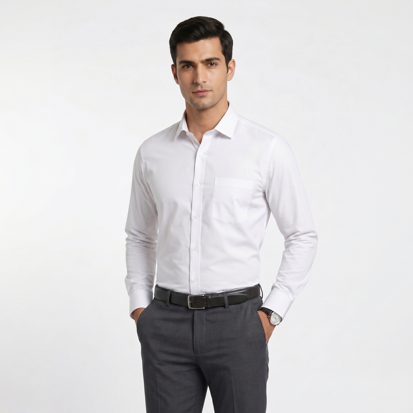 Men's Classic White Cotton-Blend Full Sleeves Shirt (ESSEN22)