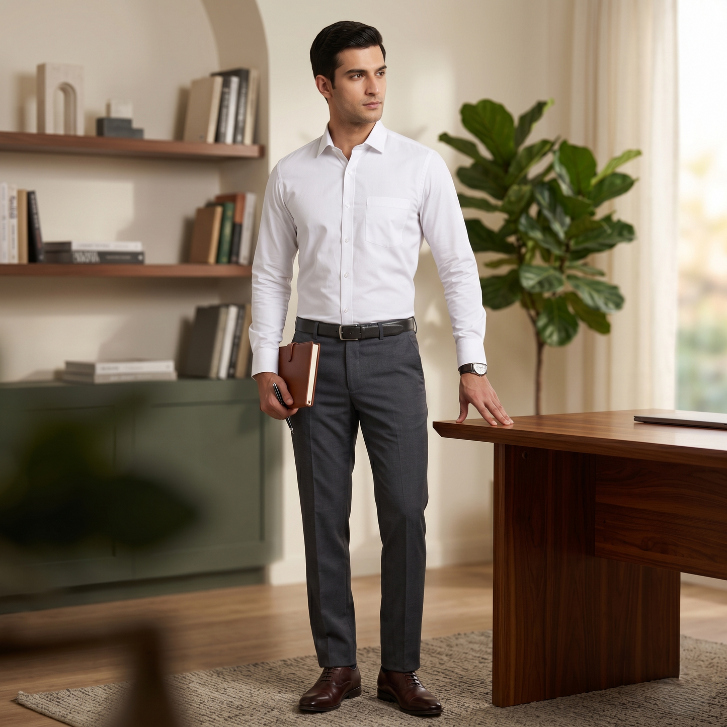Men's Classic White Cotton-Blend Full Sleeves Shirt (ESSEN22)
