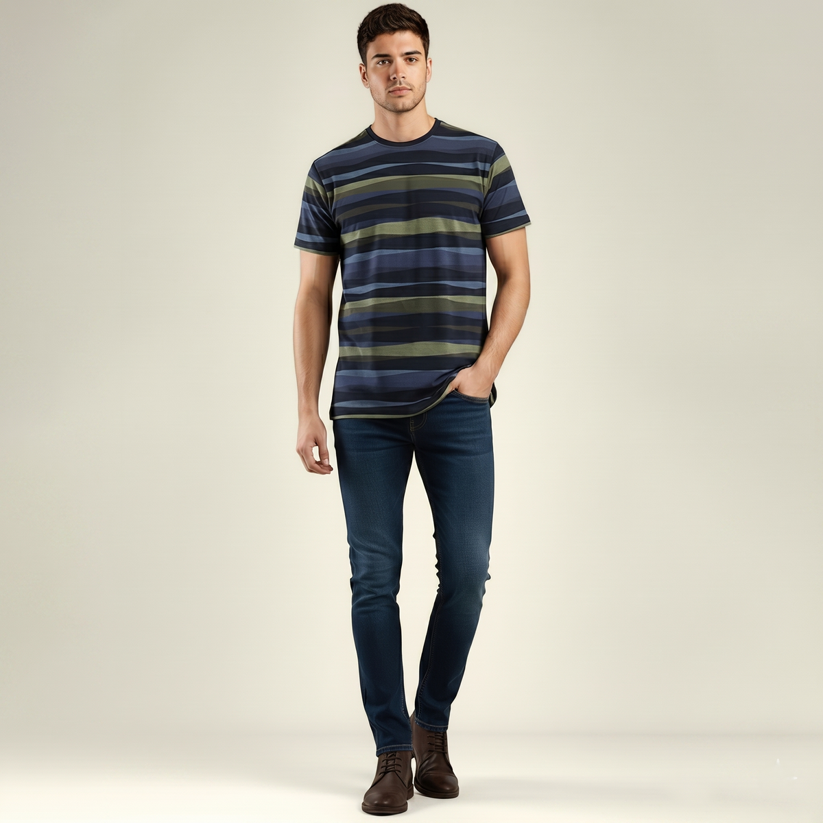 Men's Earth Tone Striped Crew Neck T-Shirt (TSRP05)