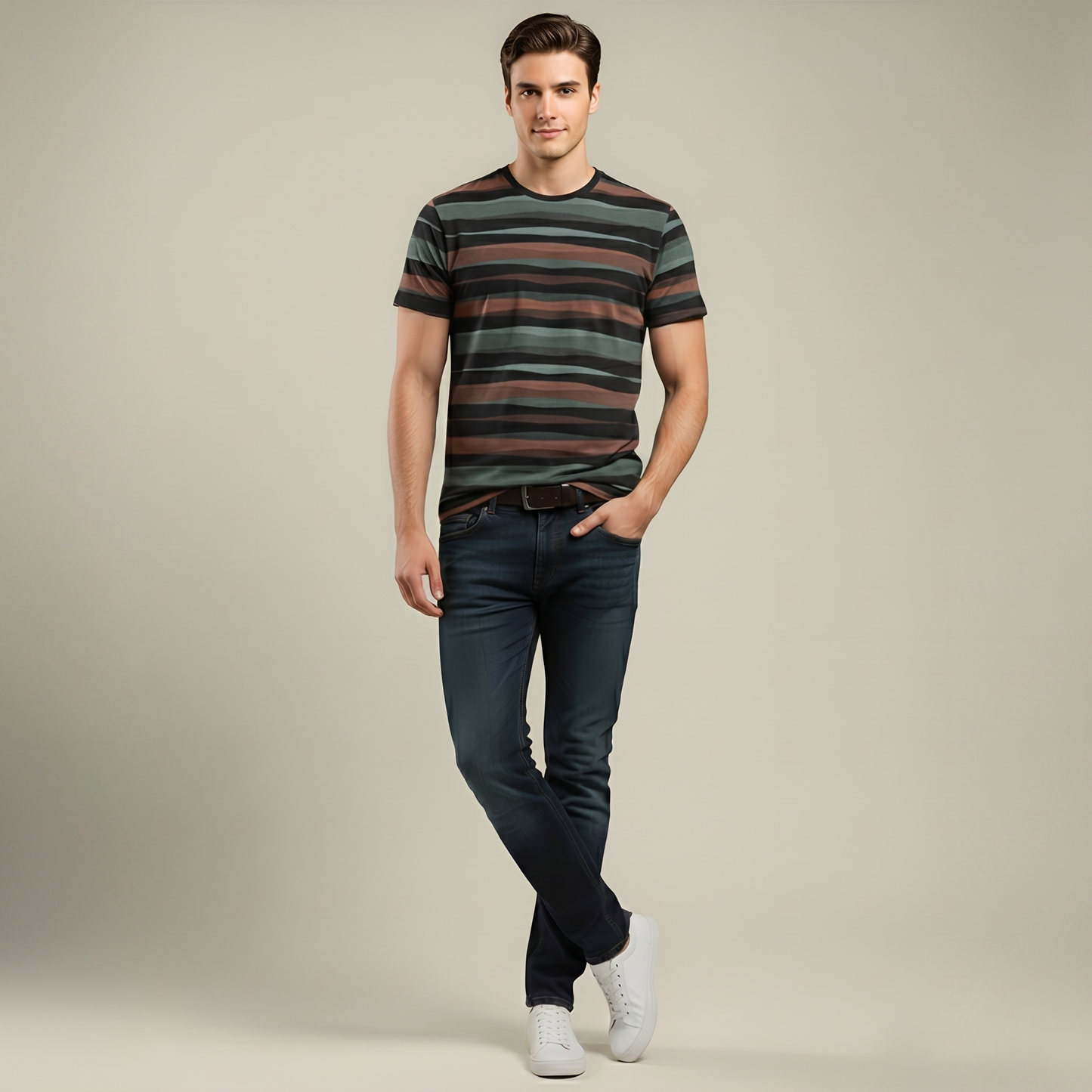 Men's Earth Tone Striped Crew Neck T-Shirt (TSRP05)