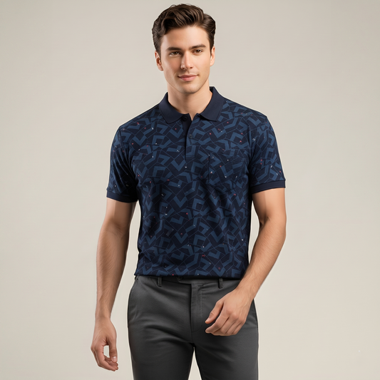 Men's Teal Geometric Micro-Print Pocket Polo T-shirt (TSSR015)