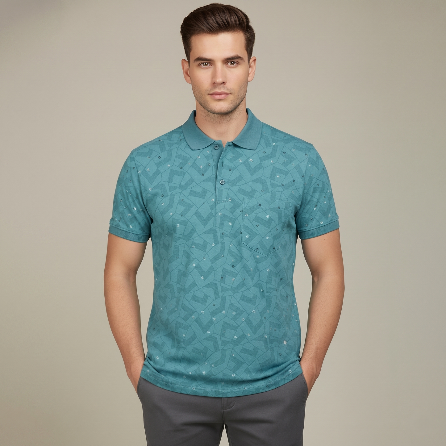 Men's Teal Geometric Micro-Print Pocket Polo T-shirt (TSSR015)