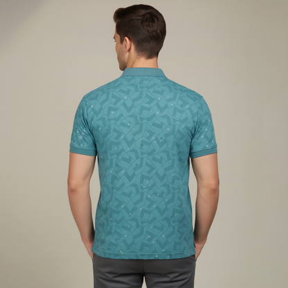 Men's Teal Geometric Micro-Print Pocket Polo T-shirt (TSSR015)