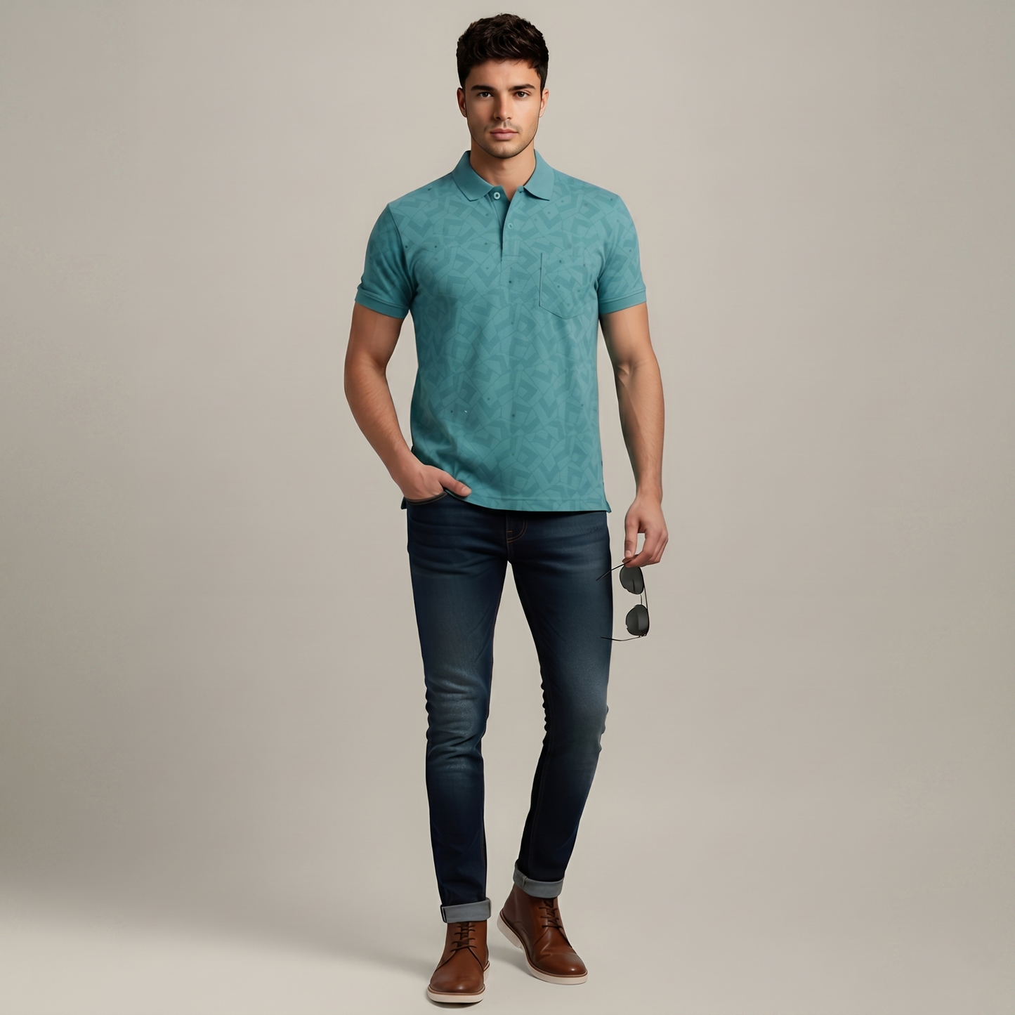 Men's Teal Geometric Micro-Print Pocket Polo T-shirt (TSSR015)