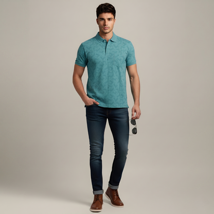 Men's Teal Geometric Micro-Print Pocket Polo T-shirt (TSSR015)