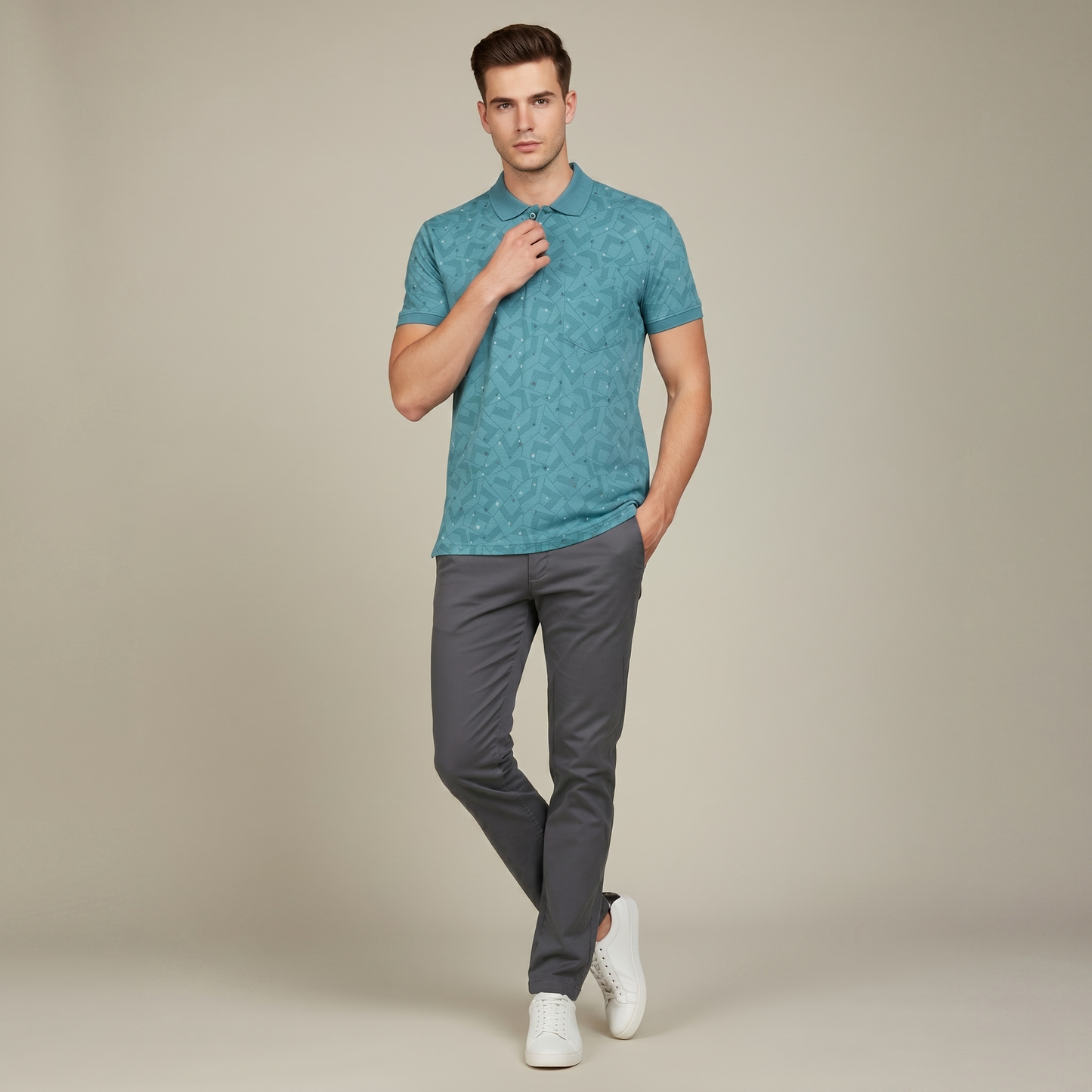 Men's Teal Geometric Micro-Print Pocket Polo T-shirt (TSSR015)