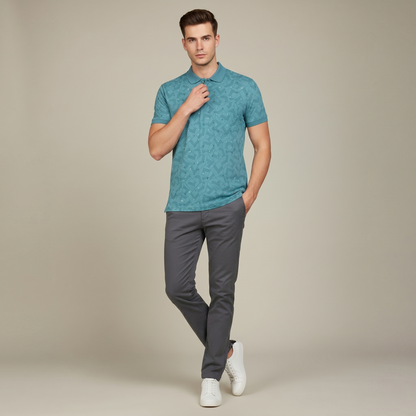 Men's Teal Geometric Micro-Print Pocket Polo T-shirt (TSSR015)