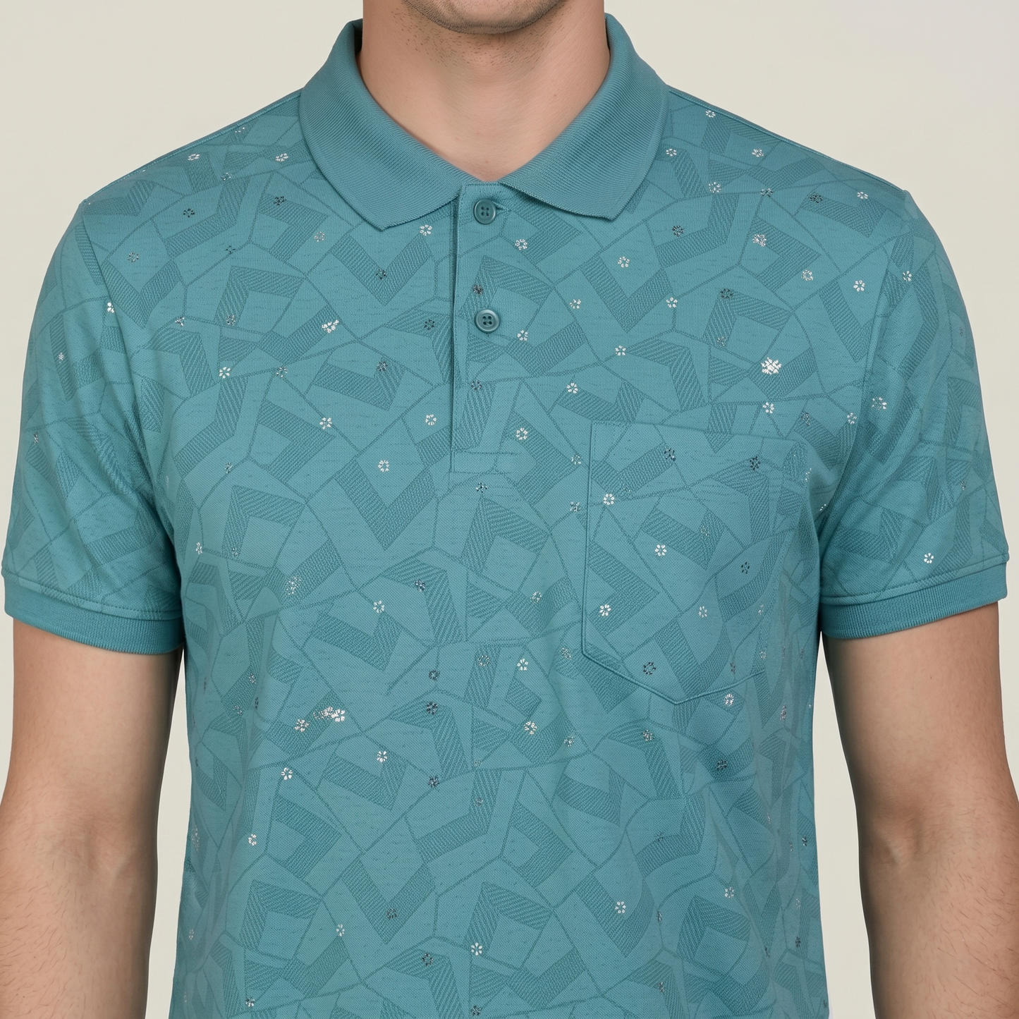 Men's Teal Geometric Micro-Print Pocket Polo T-shirt (TSSR015)
