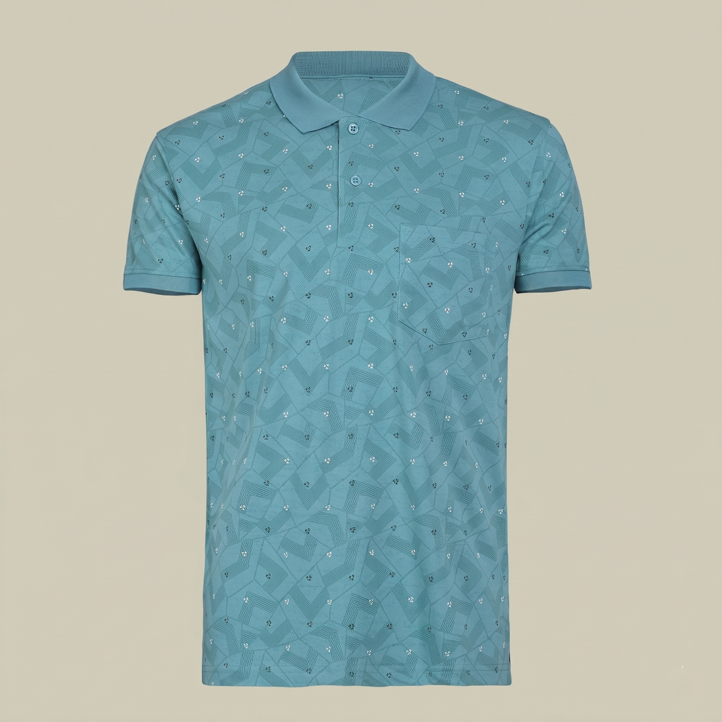 Men's Teal Geometric Micro-Print Pocket Polo T-shirt (TSSR015)