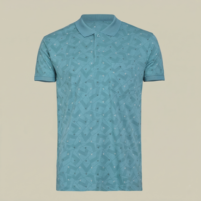 Men's Teal Geometric Micro-Print Pocket Polo T-shirt (TSSR015)