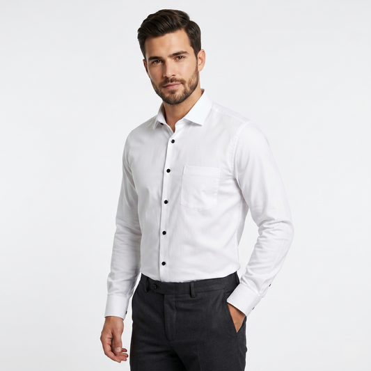 Men's Slim Fit Full Sleeves White Formal Shirt with Black Buttons (WGLDBLKBTSF)