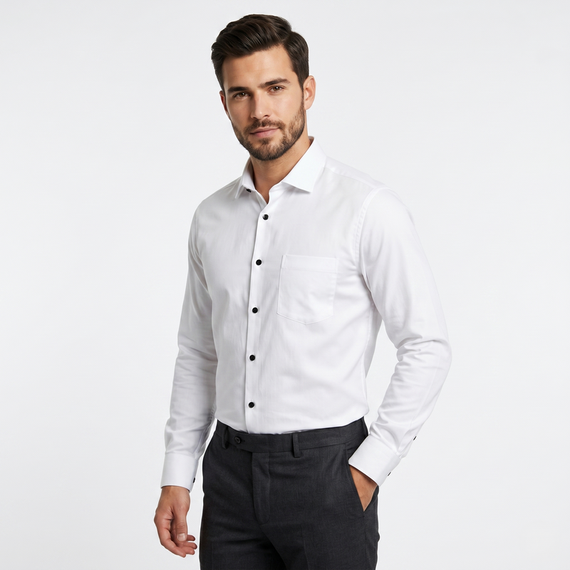 Men's Slim Fit Full Sleeves White Formal Shirt with Black Buttons (WGLDBLKBTSF)
