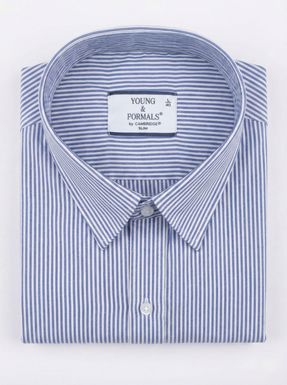 YOUNG & FORMALS by CAMBRIDGE Men's Slim Fit Striped Formal Shirt | Full Sleeves | Spread Collar with Hanging Twin Tape | Premium Office & Business Wear | Blue | 36